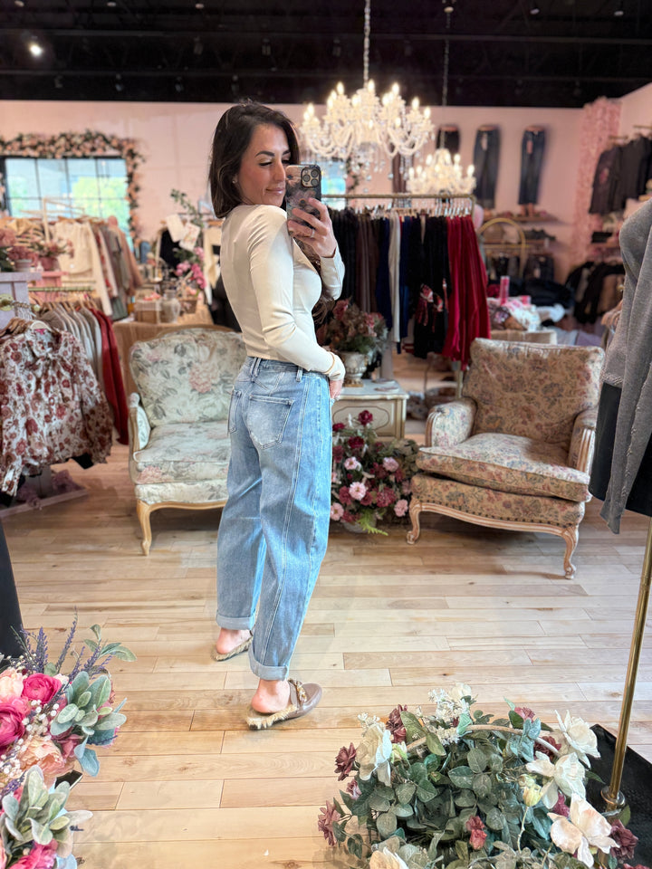 High-Rise Boyfriend Cuffed Barrel Jean by Risen