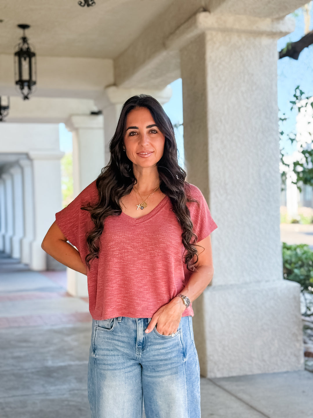 The Rylee V-Neck Light Knit Top - Winter Rose