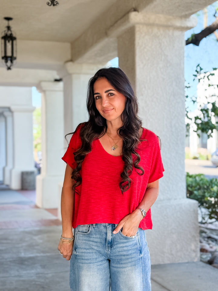The Rylee V-Neck Light Knit Top - Ruby