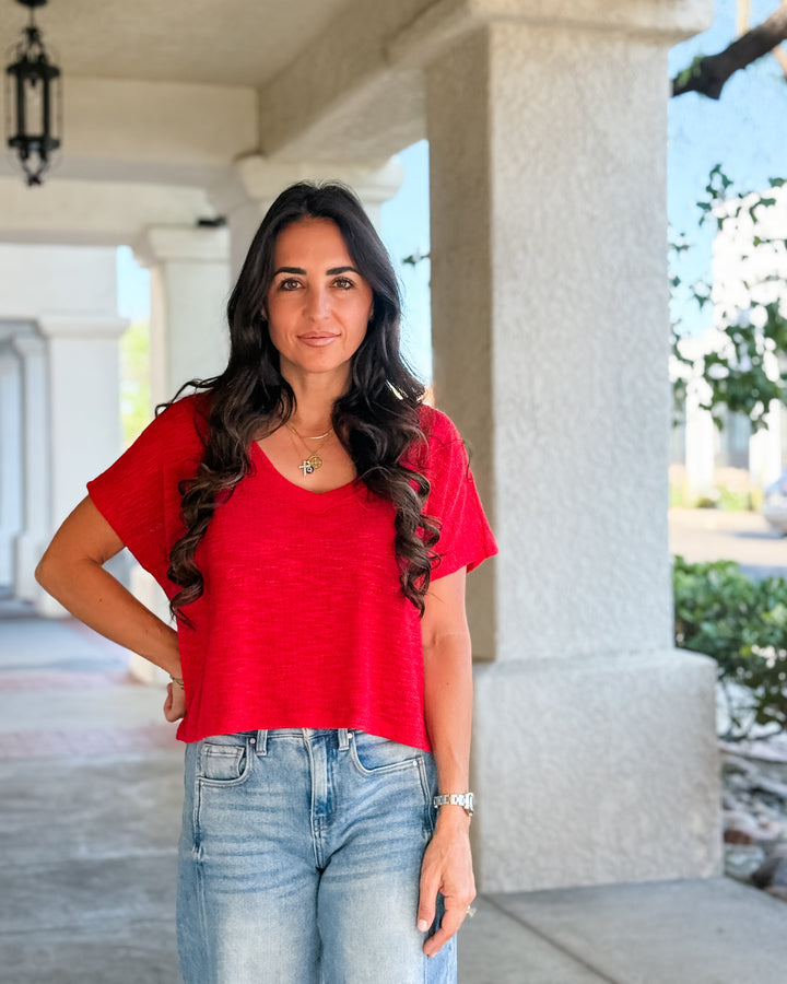 The Rylee V-Neck Light Knit Top - Ruby