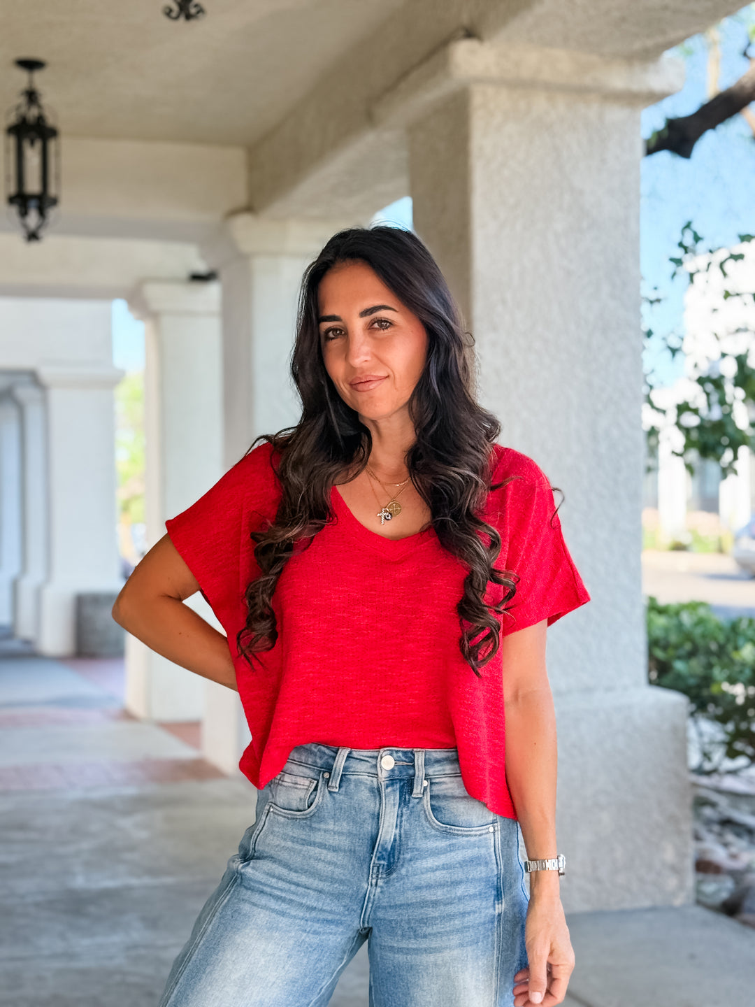 The Rylee V-Neck Light Knit Top - Ruby