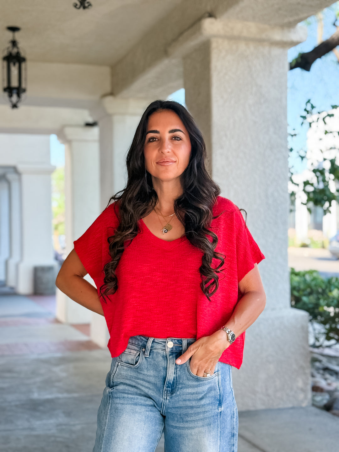The Rylee V-Neck Light Knit Top - Ruby