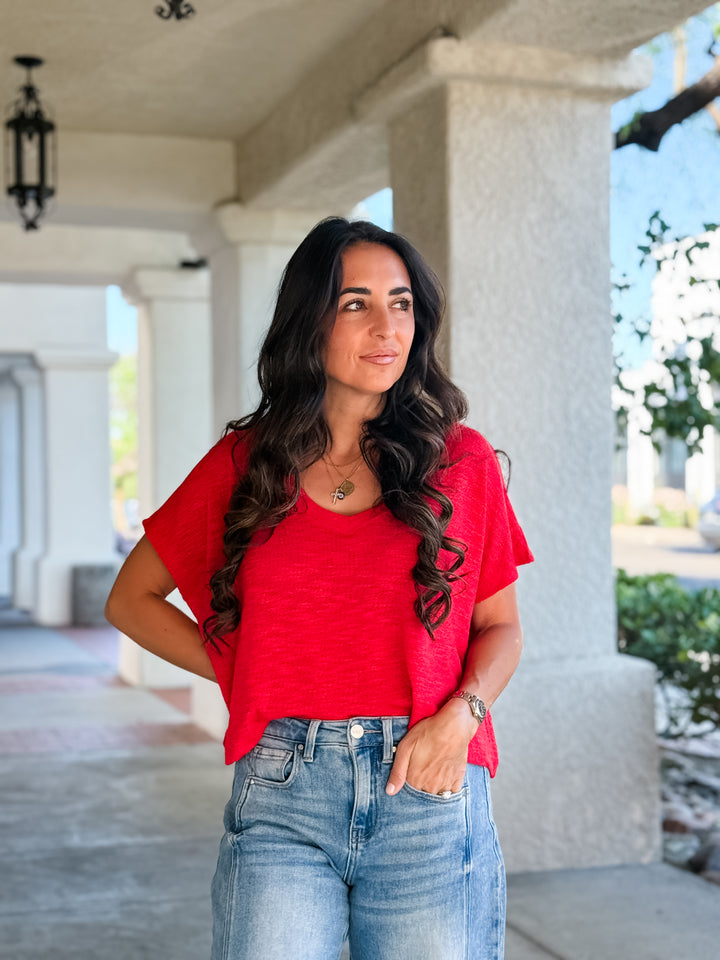 The Rylee V-Neck Light Knit Top - Ruby