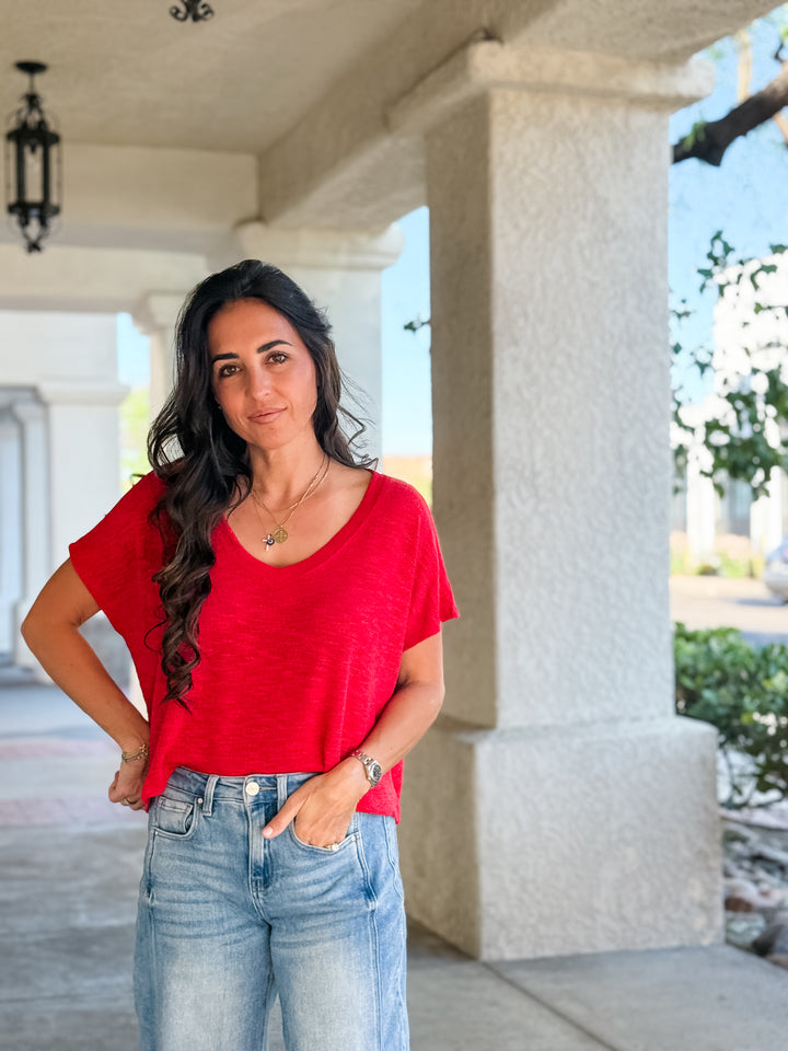 The Rylee V-Neck Light Knit Top - Ruby