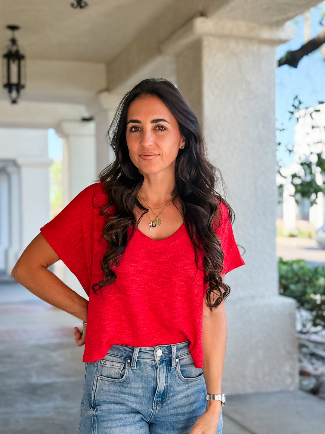 The Rylee V-Neck Light Knit Top - Ruby