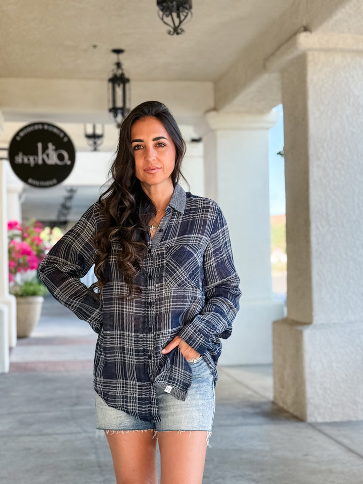 The Oversized Plaid Flannel Shirt - Navy