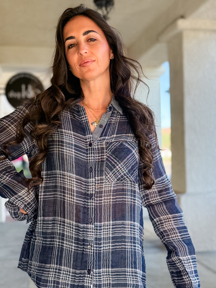 The Oversized Plaid Flannel Shirt - Navy