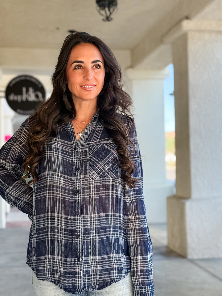 The Oversized Plaid Flannel Shirt - Navy