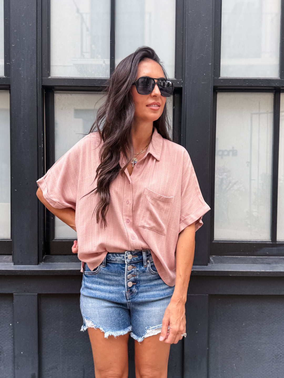 The Sara Pinstripe Button-Down Shirt - Mauve