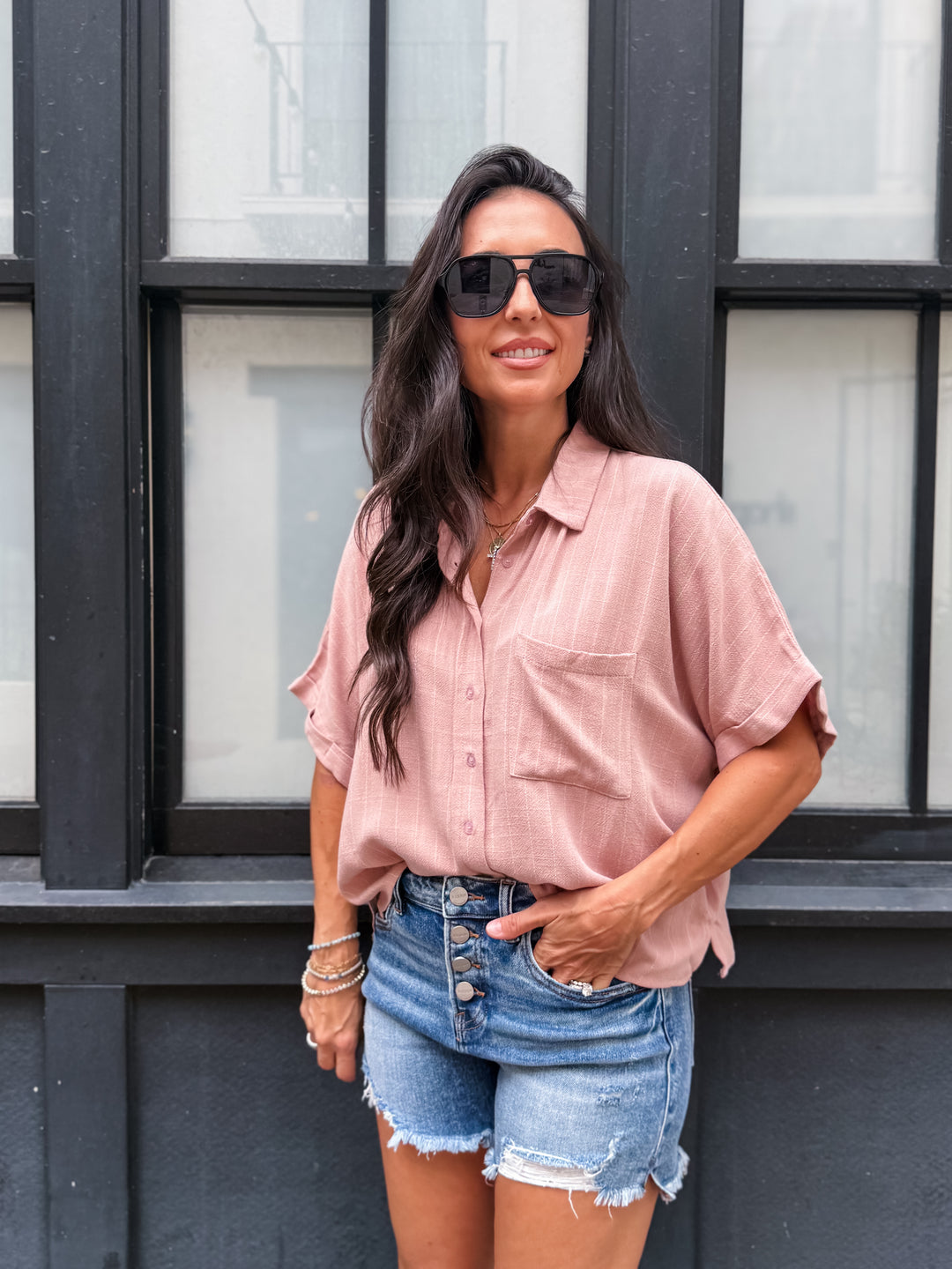 The Sara Pinstripe Button-Down Shirt - Mauve