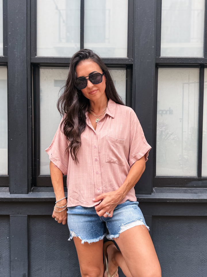 The Sara Pinstripe Button-Down Shirt - Mauve