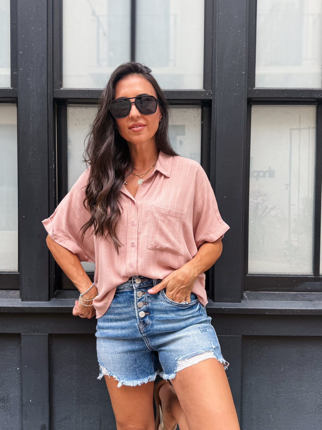 The Sara Pinstripe Button-Down Shirt - Mauve