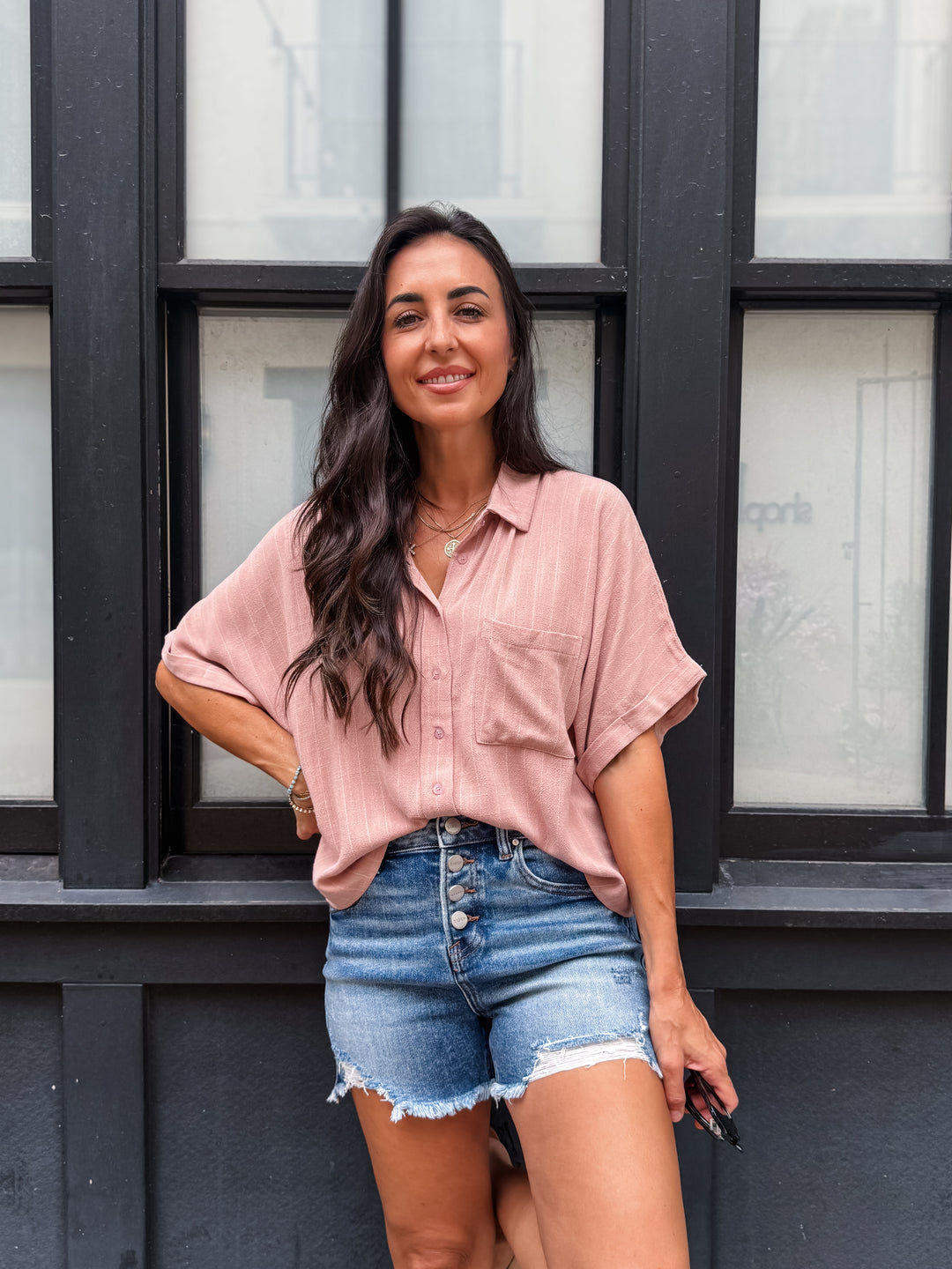 The Sara Pinstripe Button-Down Shirt - Mauve