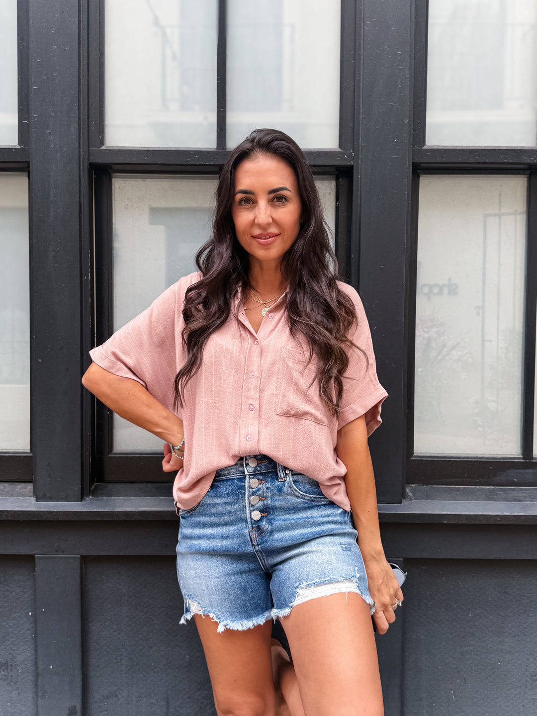 The Sara Pinstripe Button-Down Shirt - Mauve