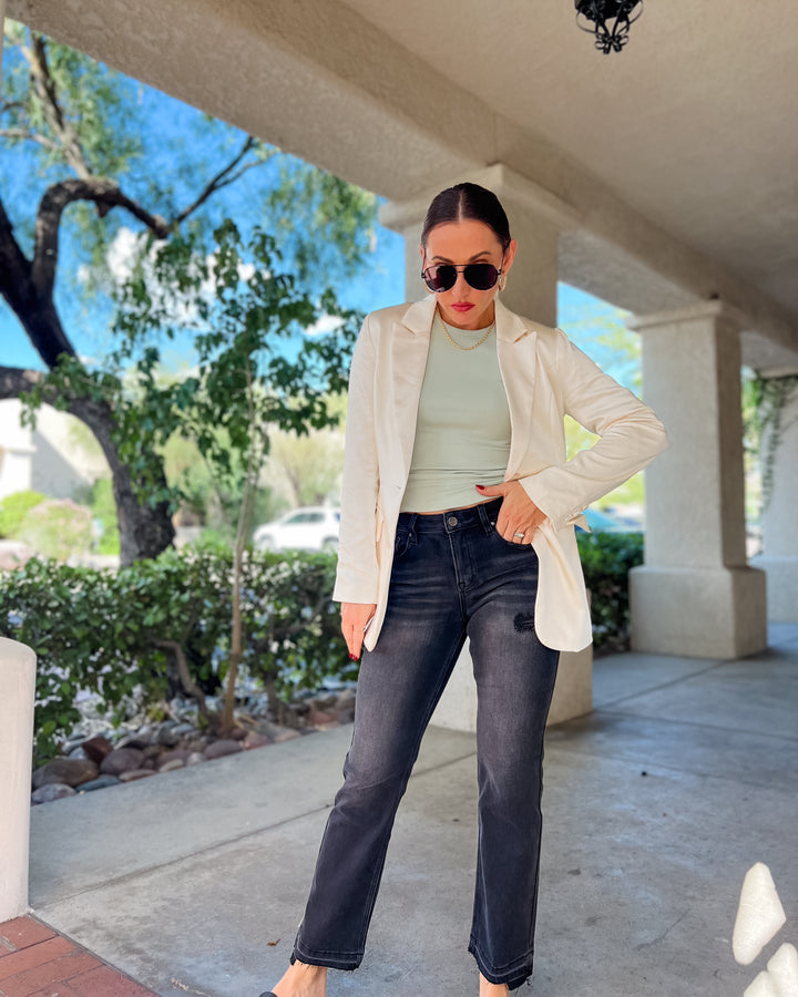 The Zoe Mid Rise Ankle Straight Uneven Released Hem Jean by Risen