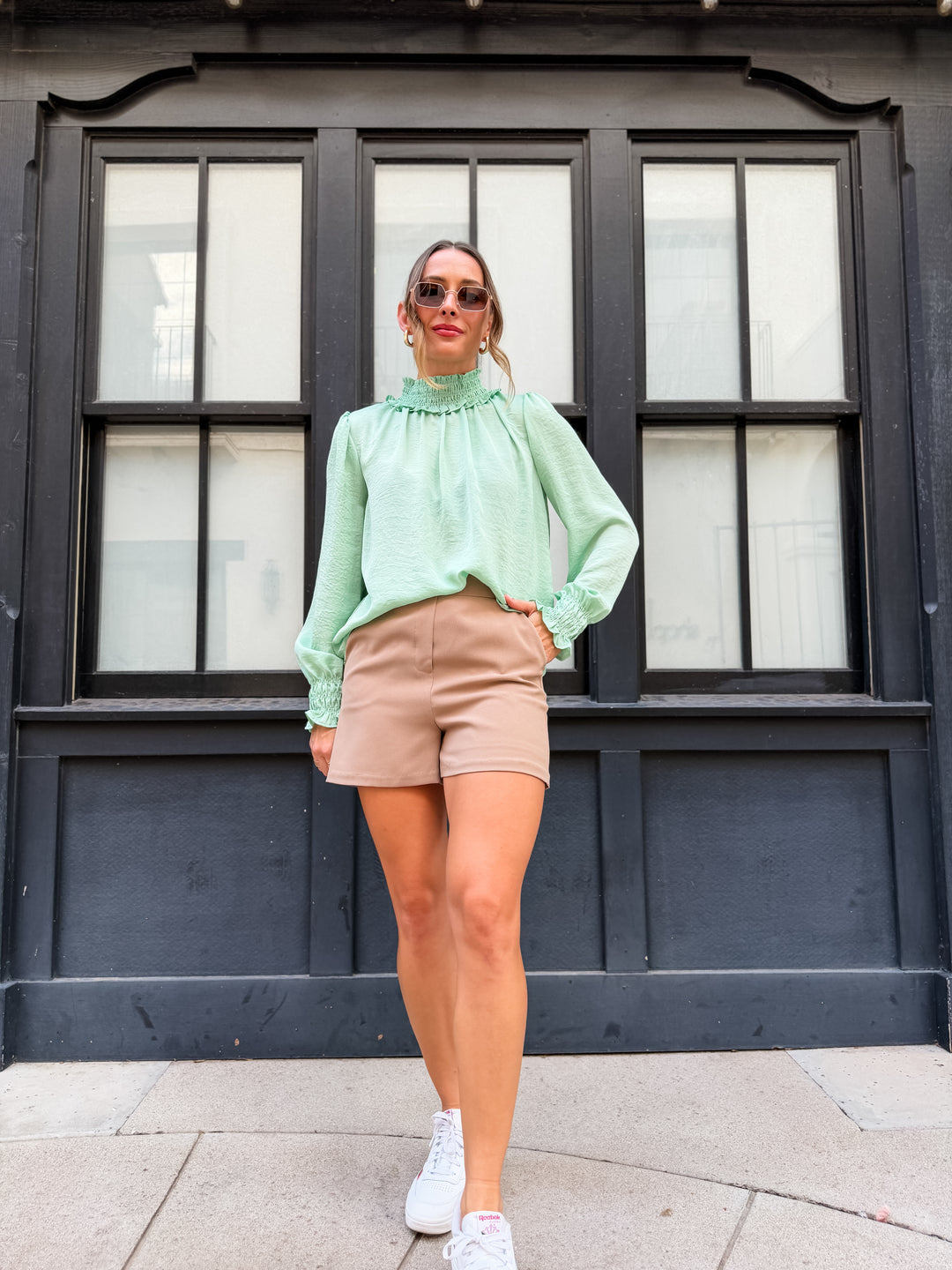 The Grace Satin Turtleneck Blouse - Sage