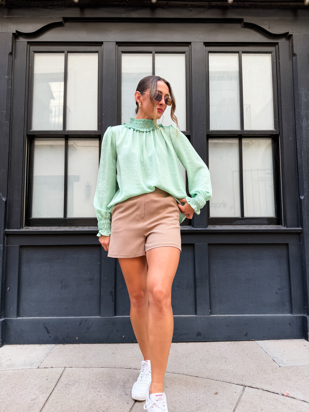 The Grace Satin Turtleneck Blouse - Sage