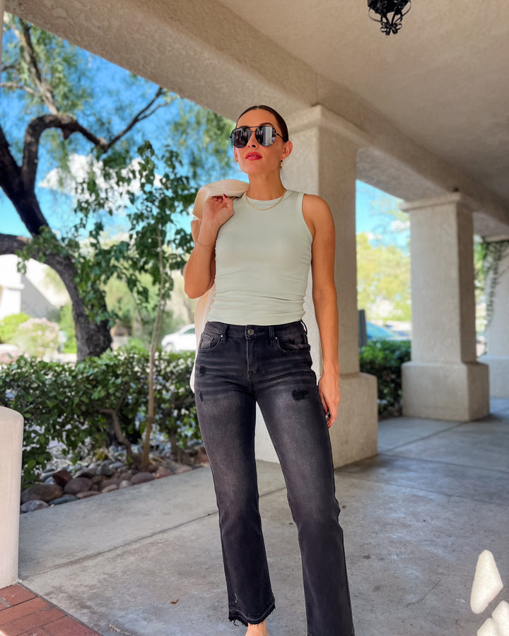 The Zoe Mid Rise Ankle Straight Uneven Released Hem Jean by Risen
