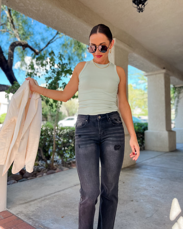 The Zoe Mid Rise Ankle Straight Uneven Released Hem Jean by Risen