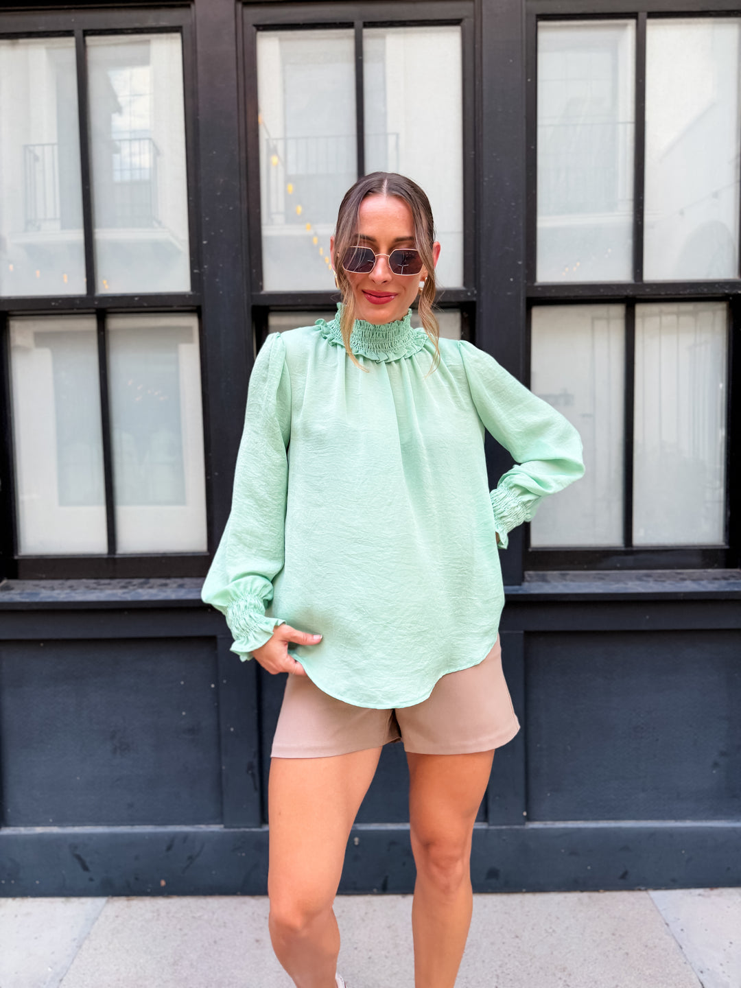 The Grace Satin Turtleneck Blouse - Sage