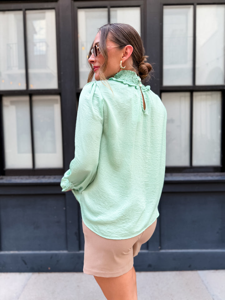 The Grace Satin Turtleneck Blouse - Sage
