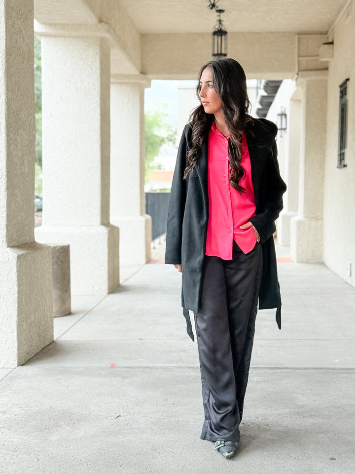 The Presidential Satin Button Down Blouse - Neon Pink