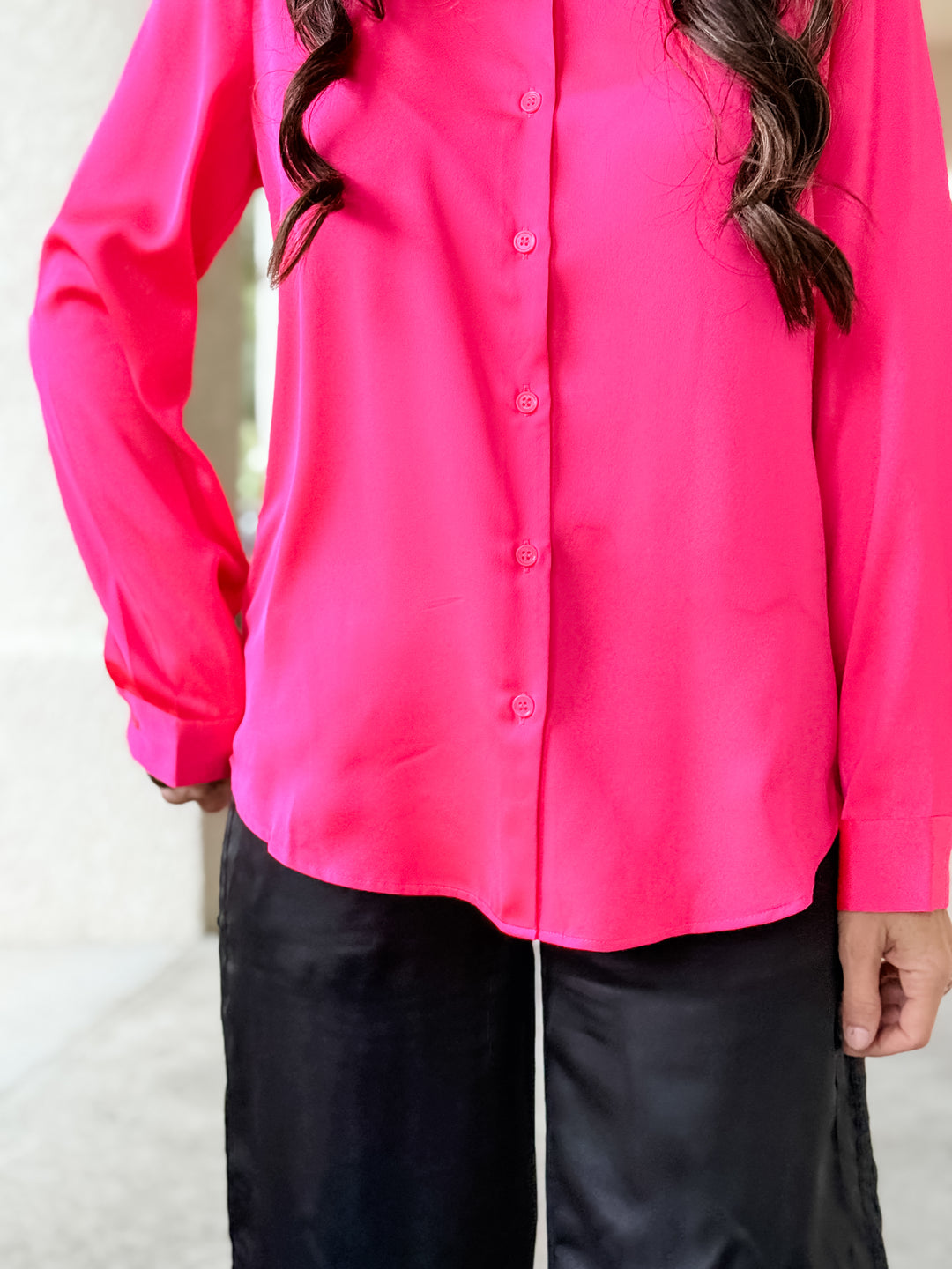 The Presidential Satin Button Down Blouse - Neon Pink