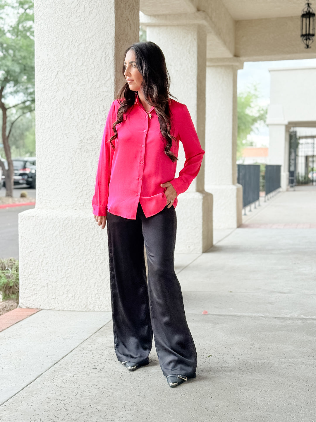 The Presidential Satin Button Down Blouse - Neon Pink