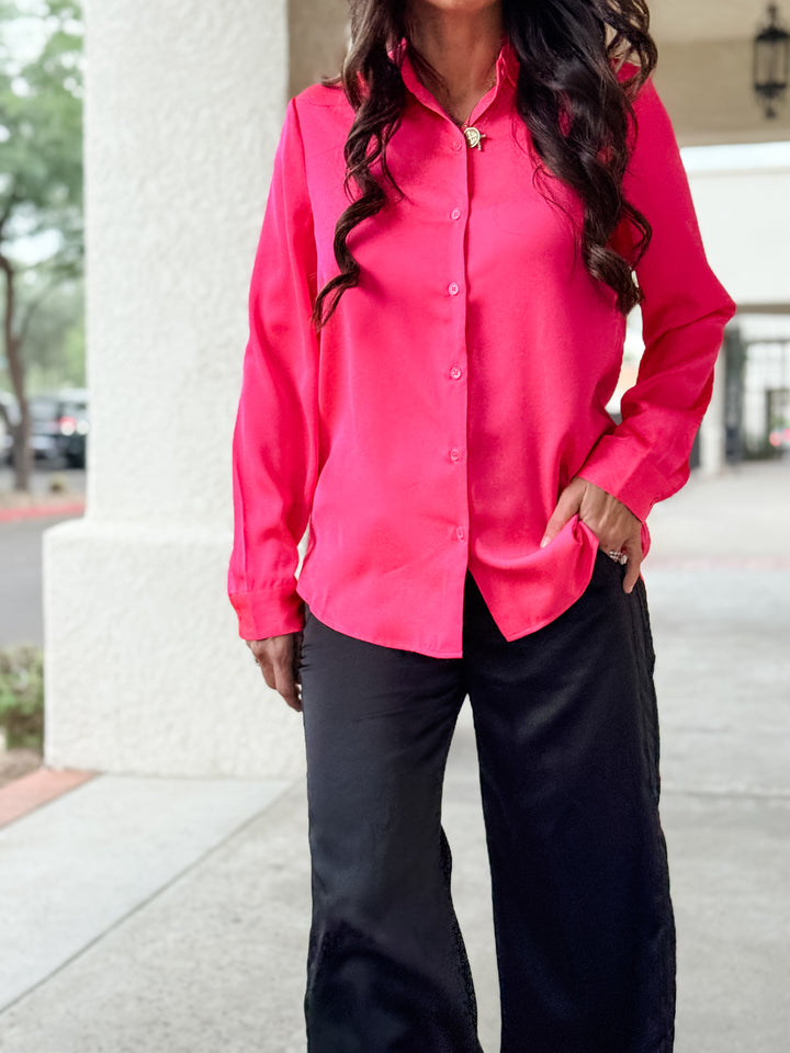 The Presidential Satin Button Down Blouse - Neon Pink
