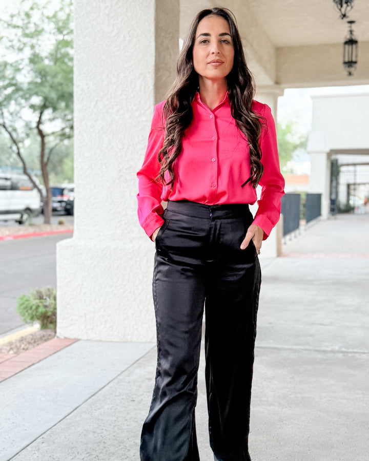 The Presidential Satin Button Down Blouse - Neon Pink