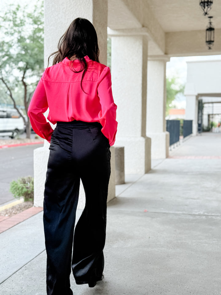 The Presidential Satin Button Down Blouse - Neon Pink