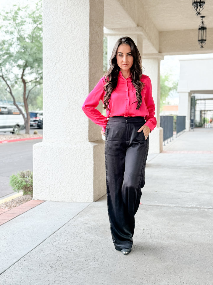 The Presidential Satin Button Down Blouse - Neon Pink