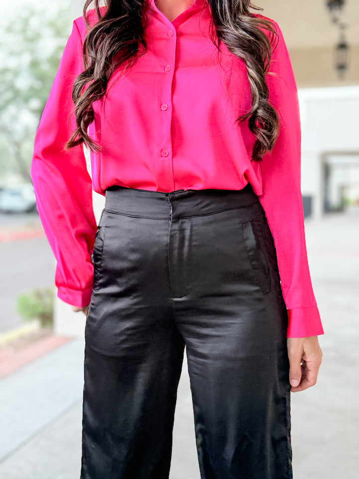 The Presidential Satin Button Down Blouse - Neon Pink
