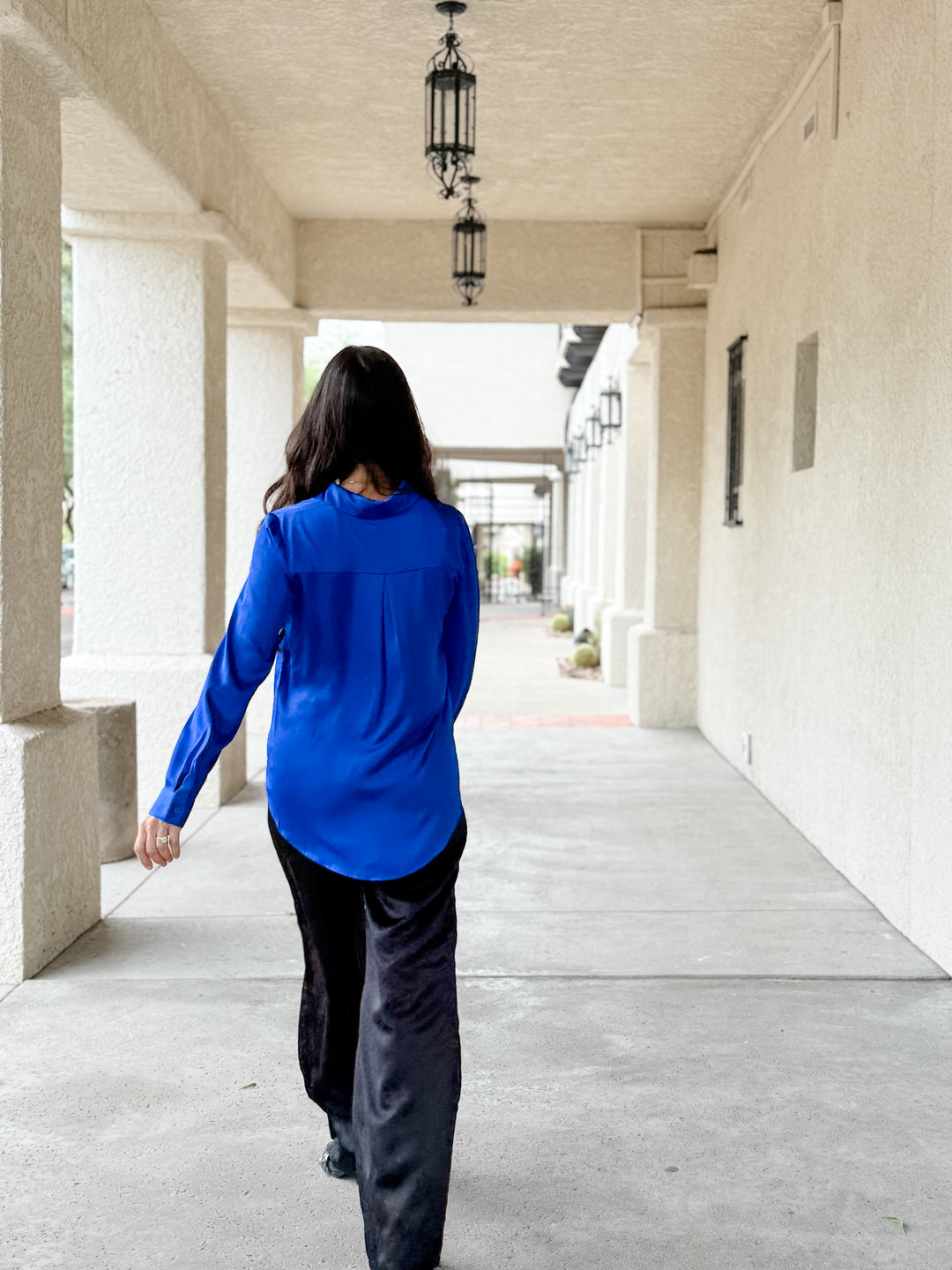 The Presidential Satin Button Down Blouse - Neon Blue