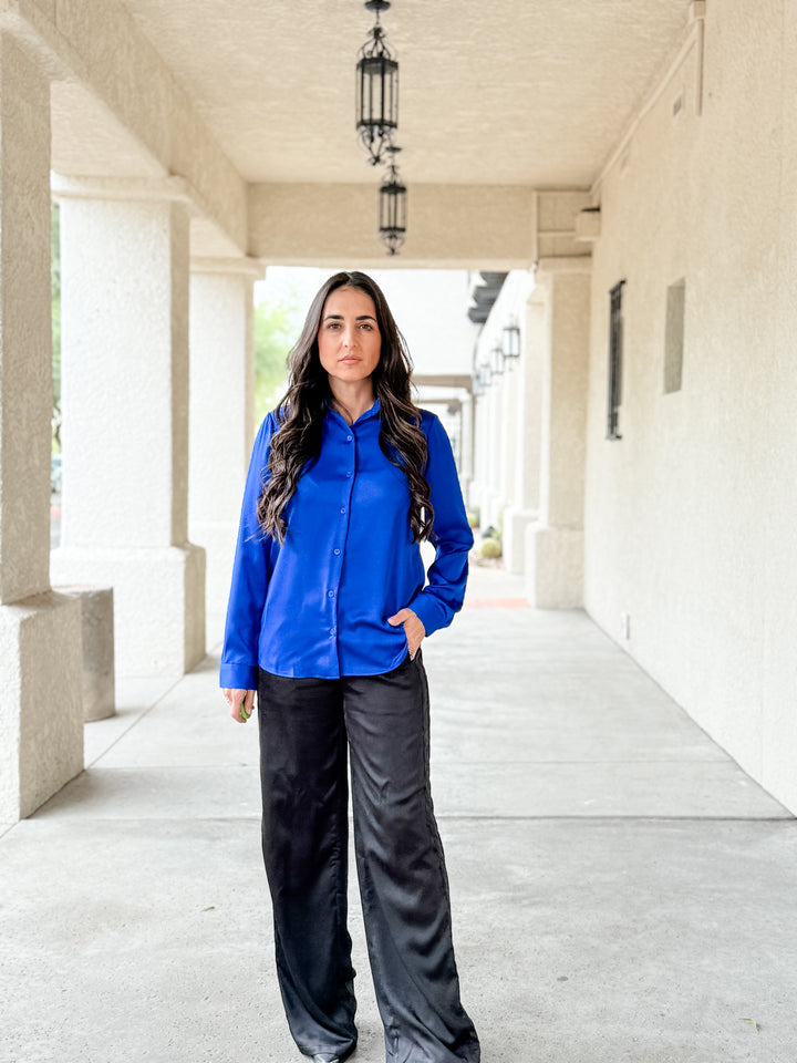 The Presidential Satin Button Down Blouse - Neon Blue