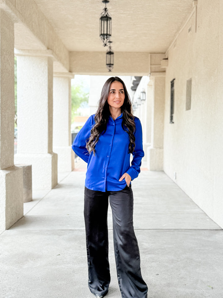 The Presidential Satin Button Down Blouse - Neon Blue