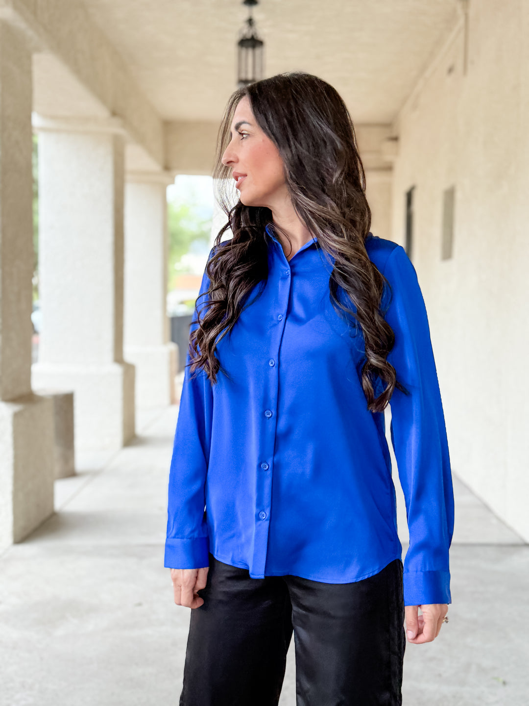 The Presidential Satin Button Down Blouse - Neon Blue