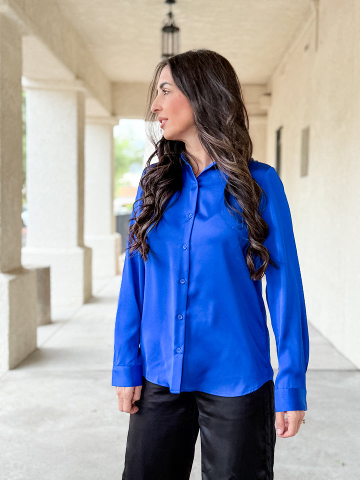 The Presidential Satin Button Down Blouse - Neon Blue