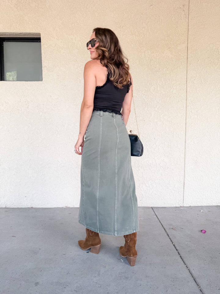 The Celeste Front Slit Denim Maxi Skirt