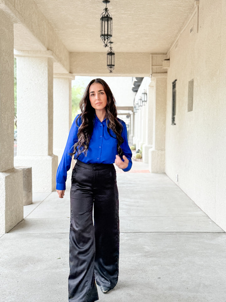 The Presidential Satin Button Down Blouse - Neon Blue