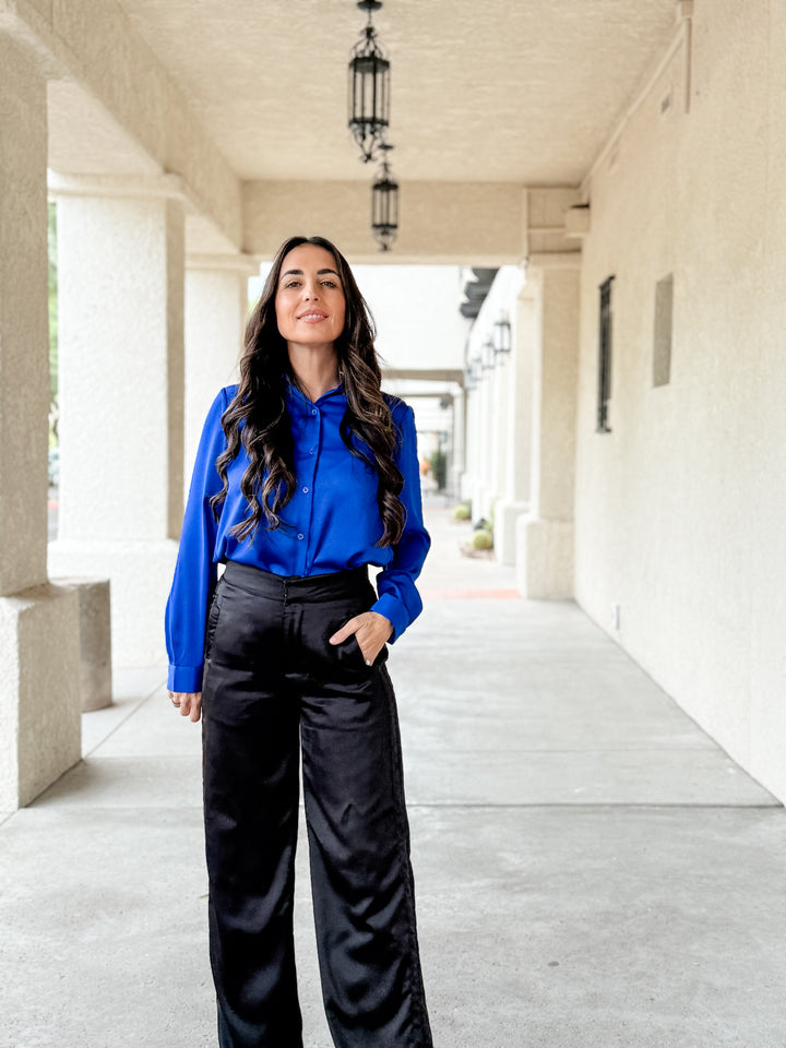 The Presidential Satin Button Down Blouse - Neon Blue