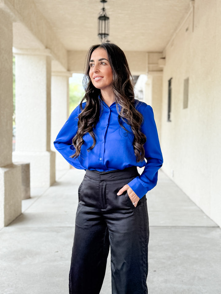 The Presidential Satin Button Down Blouse - Neon Blue