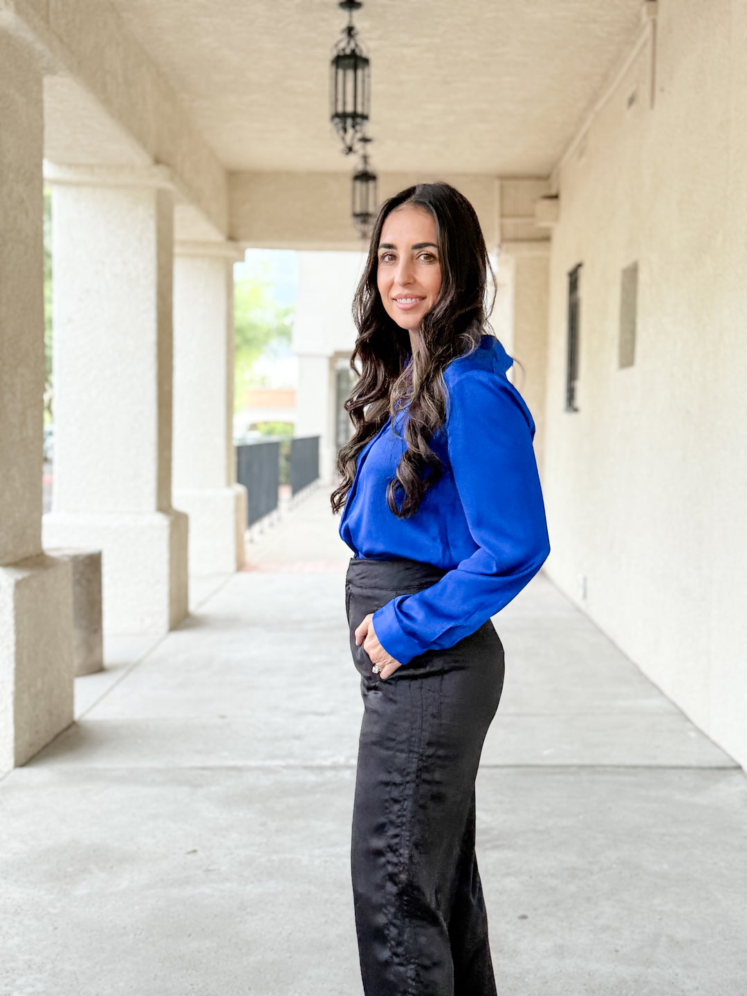 The Presidential Satin Button Down Blouse - Neon Blue