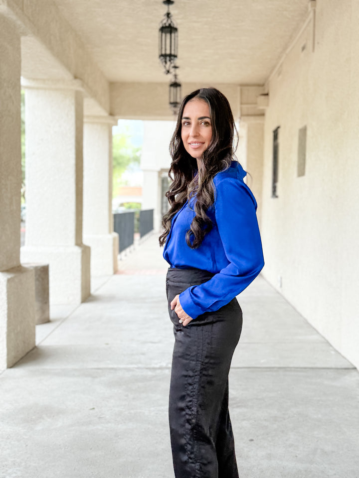 The Presidential Satin Button Down Blouse - Neon Blue