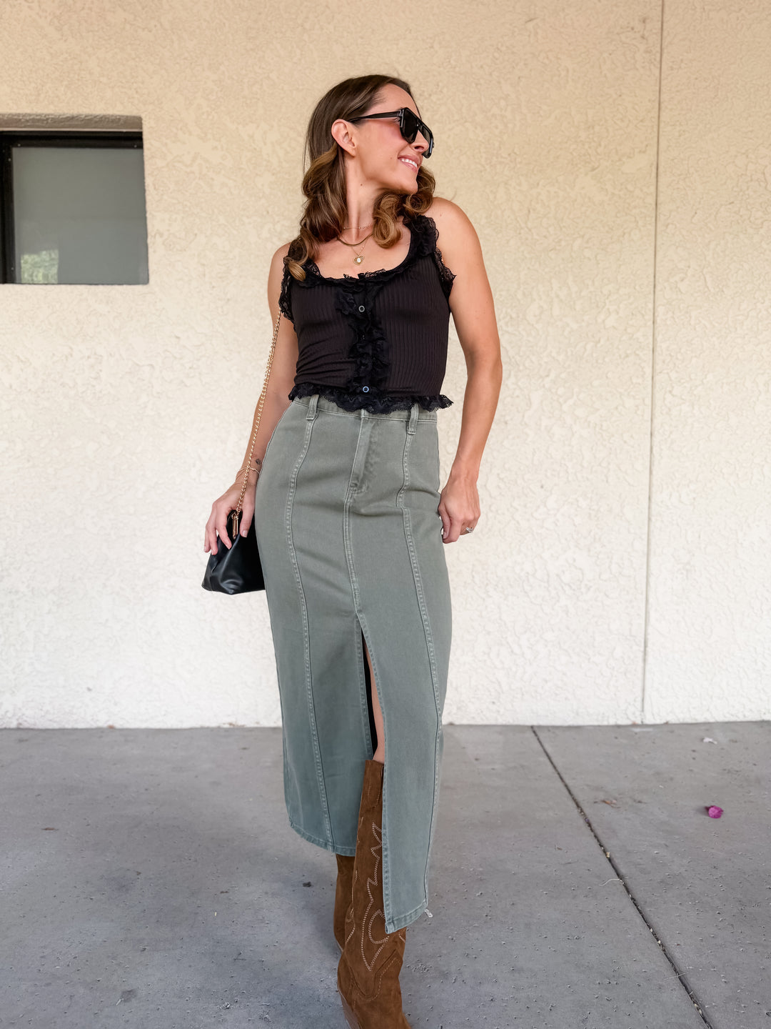 The Celeste Front Slit Denim Maxi Skirt