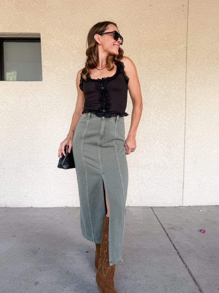 The Celeste Front Slit Denim Maxi Skirt