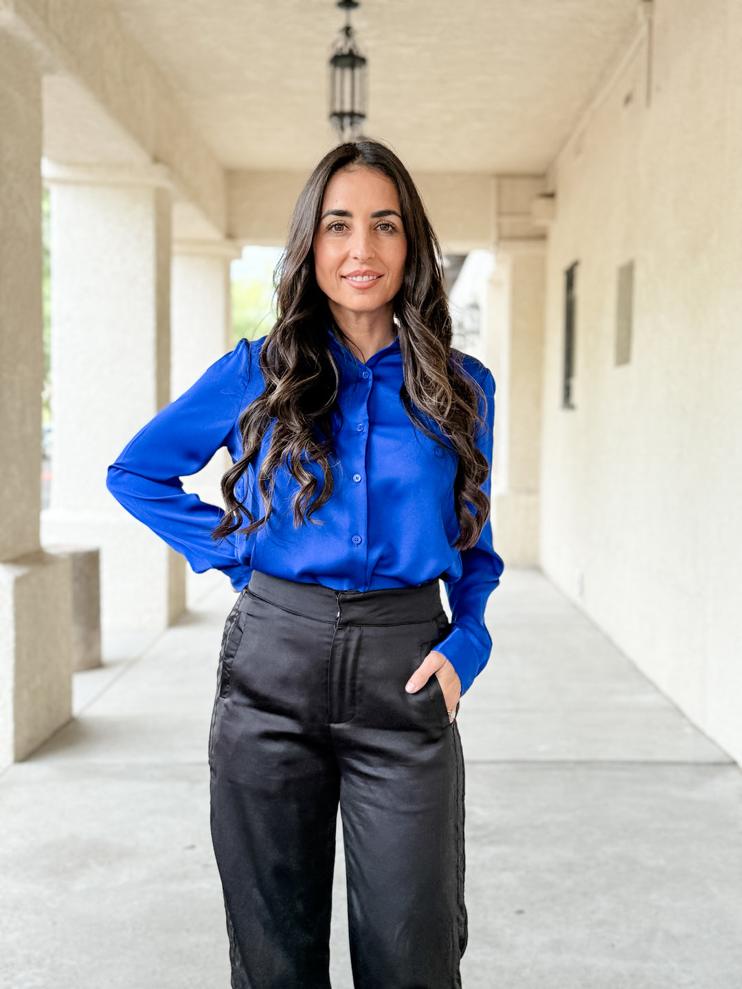 The Presidential Satin Button Down Blouse - Neon Blue