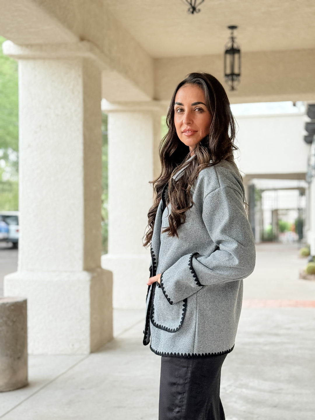 The Margot Blanket Stitch Jacket - Gray