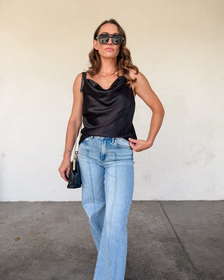 The Luxe Cowl Neck Satin Cami Tank - Black