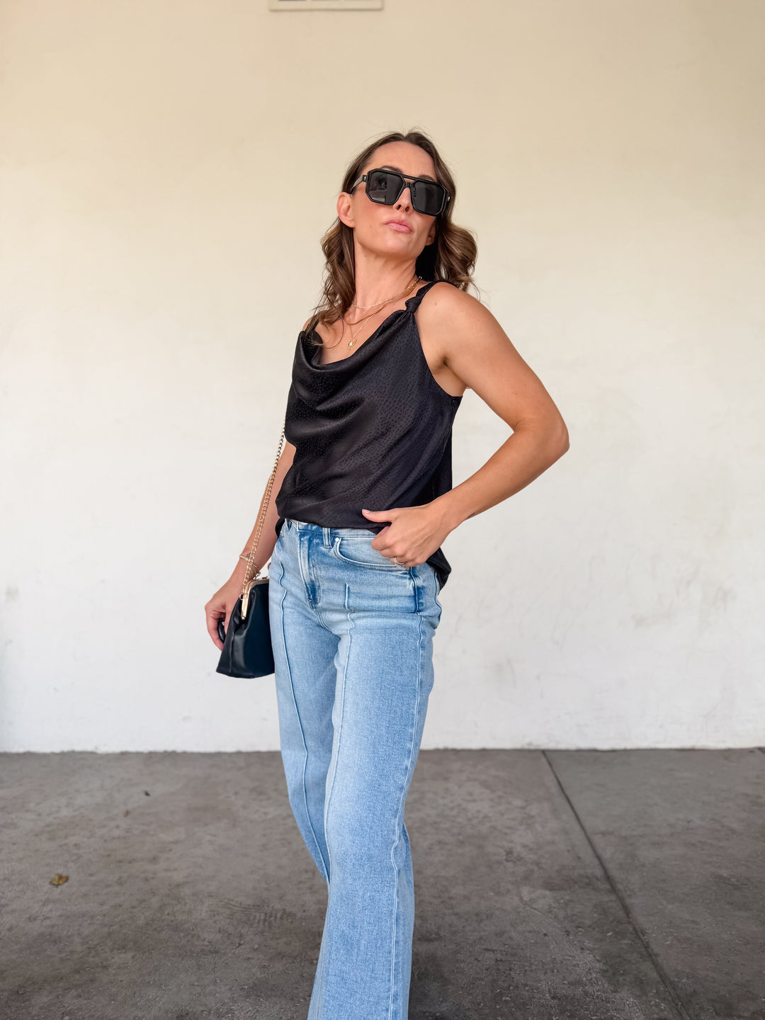 The Luxe Cowl Neck Satin Cami Tank - Black